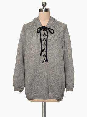 Chunky Cozy Knit Blue Gray Tan Fleck Lace Up Front Sweater With Hood L XL